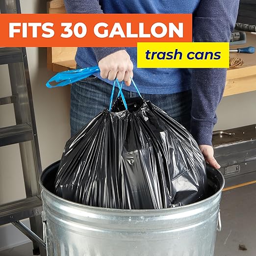 Hefty Essentials Drawstring 30 Gallon Trash Bags, 56 Count, Bulk Black Garbage Bags for Garages, Parties, Large Trash Items, and More, Scent Free, Black