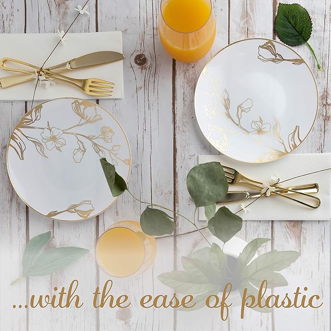 [7'' Plates 40 Count] White Plastic Floral Design Party Plates With Gold Rim Premium heavyweight Elegant Disposable Tableware Dishes