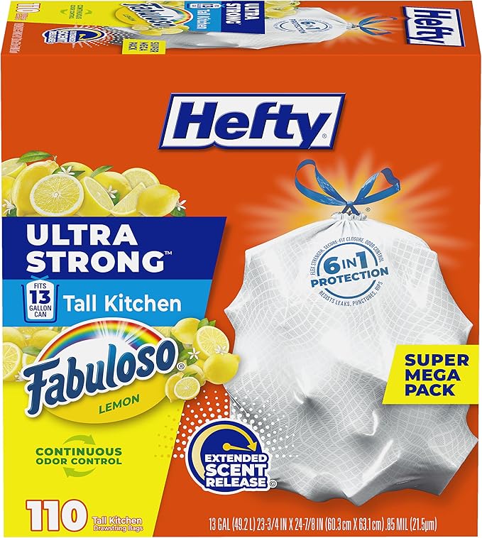Hefty Ultra Strong 13 Gallon Trash Bags, Tall Kitchen Trash Bags 13 Gallon Size, Resist Leaks, Punctures, and Rips, Continuous Odor Control, White, Fabuloso Lemon Scent, 110 Bags