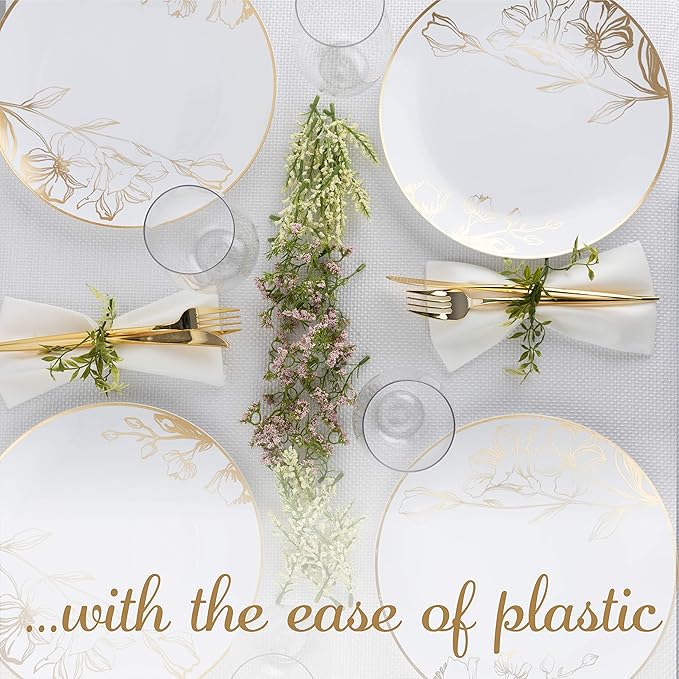 [10'' Plates 10 Count] White Plastic Floral Design Party Dinner Plates With Gold Rim Premium heavyweight Elegant Disposable Tableware Dishes