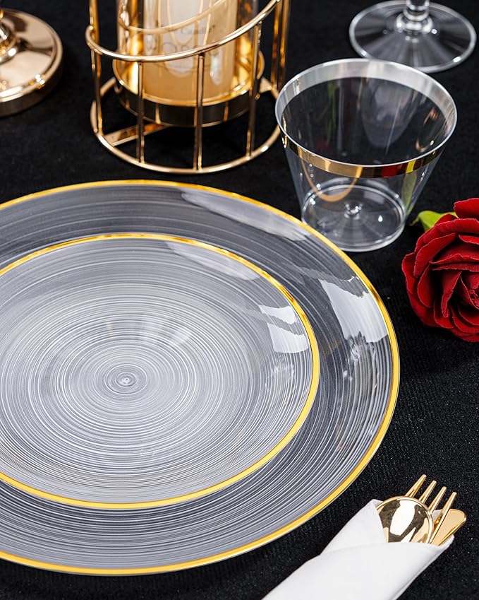 Morejoy 350PCS Clear Gold Plastic Plates - Disposable Gold Party Plates & Pre Rolled Napkins with Cutlery for 50 Guests, 100Plates, 150Silverware, 50Cups, 50Napkin for Party & Mother's Day
