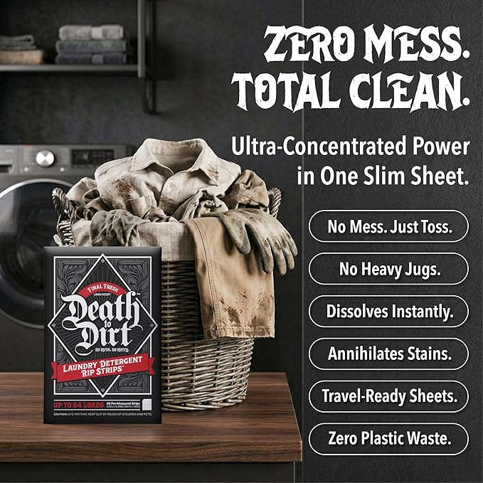 Death to Dirt Laundry Detergent Sheets, 192 Loads, Tough on Stains and Odors, Gentle on Skin and Fabric, Plant-Based & Eco-Friendly, Final Fresh Linen Scent, 32ct (3 Pack)