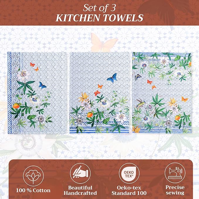 Maison d' Hermine Kitchen Towels Set of 3 100% Cotton 27.50" x 20" Reusable Cloth Tea Dish Towels Absorbent with Hanging Loop for Kitchen Farmhouse Hotel Spring Summer - Passiflora