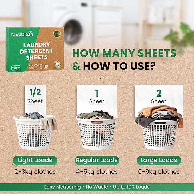 Concentrated Eco-friendly Laundry Detergent Sheets - Powerful Clean - Biodegradable - 50 Sheets (Up to 100 Loads) – Plastic‑Free, HE Compatible, Hypoallergenic & Travel Friendly (Unscented)