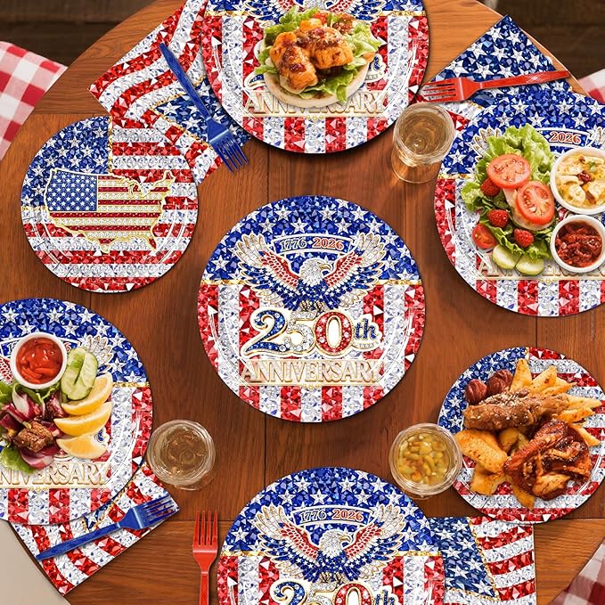 96 Pieces 250th Anniversary Plates and Napkins Patriotic Tableware Set, American Flag Disposable Paper Plates, Napkins, Forks for 4th of July Party Veterans Day Memorial Day Party Supplies- Serves 24