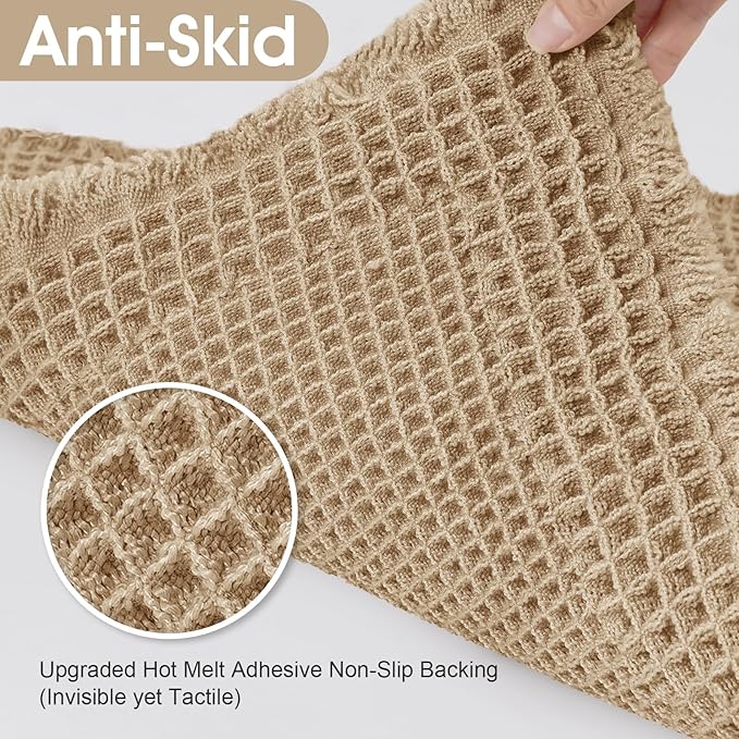 Upgraded Waffle Bath Mat, 32"x20" Beige-Bordered, Super Absorbent Non-Slip Quick Dry Bathroom Rugs with Tassels, Machine Washable Ultra Soft Boho Bath Rugs for Floor, Toilet Mats Boho Farmhouse Decor