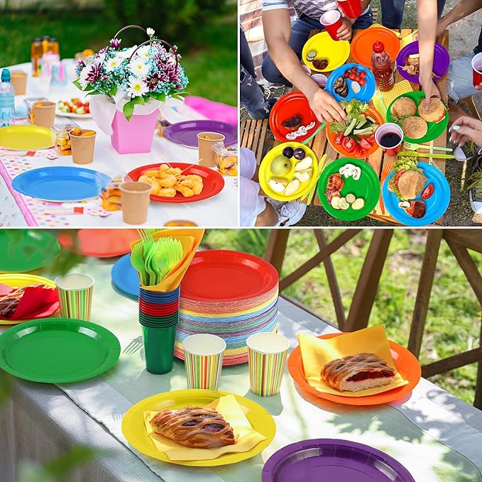 Kochorie 150 Pieces Rainbow Disposable Paper Plates 9 Inch Heavy Duty Dinner Plates, Solid Color, Table Decorations Party Supplies for Birthdays, Weddings, Daily Use