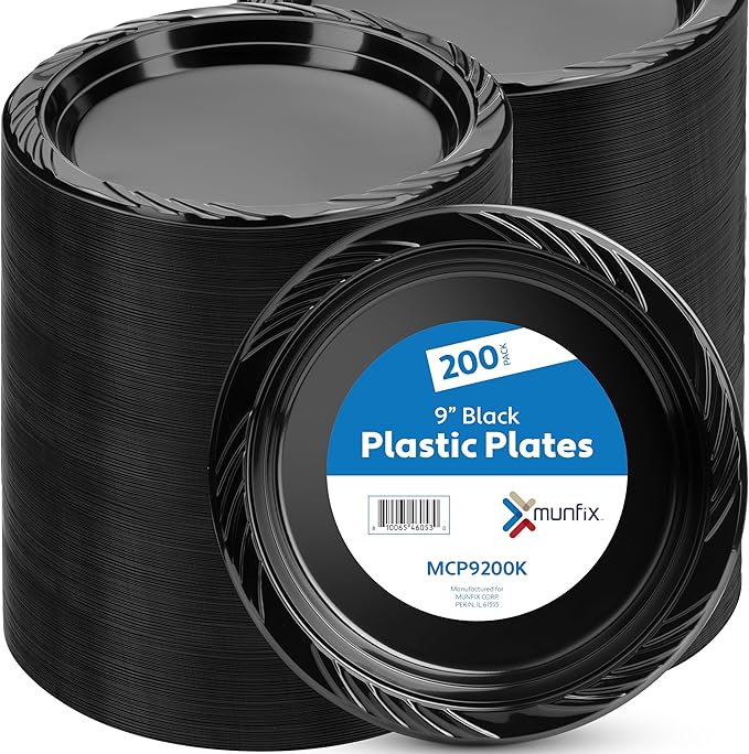 Munfix 200 Black Plastic Plates Set - 9 Inch Disposable Dinner Plates Bulk Pack for Party BBQ, Picnic, Parties, Travel and Events, Microwavable Recyclable