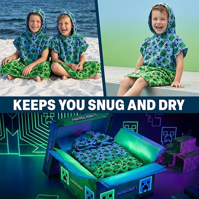 Minecraft Towelling Poncho Kids Teens Hooded Bath Towels Absorbent Beach Towel (Multi, 10-13 Years)