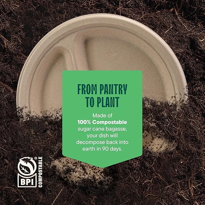 100% Compostable, 3 Compartment, Disposable Paper Plates [125-Pack] - {PFAS Free} - {BPA Certified} - [10 Inch] Heavy Duty Biodegradable Bagasse Sectional Lunch Trays + Dividers - Divided Platte Tray