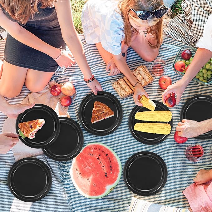 QZYL 50 Count Black 7 Inch Round Paper Plates, Heavy Duty Disposable Dinnerware for Parties, Weddings, BBQs, Birthdays, Picnics