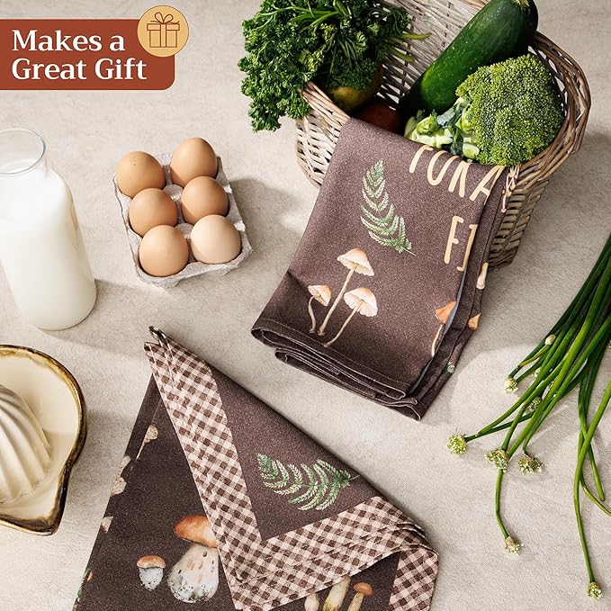 Maison d'Hermine Kitchen Towels Set of 2 100% Cotton 27.50" x 20" Reusable Cloth Tea Dish Towels Absorbent with Hanging Loop for Kitchen, Home, Dining, Cocktail Parties (Foods from The Woods)