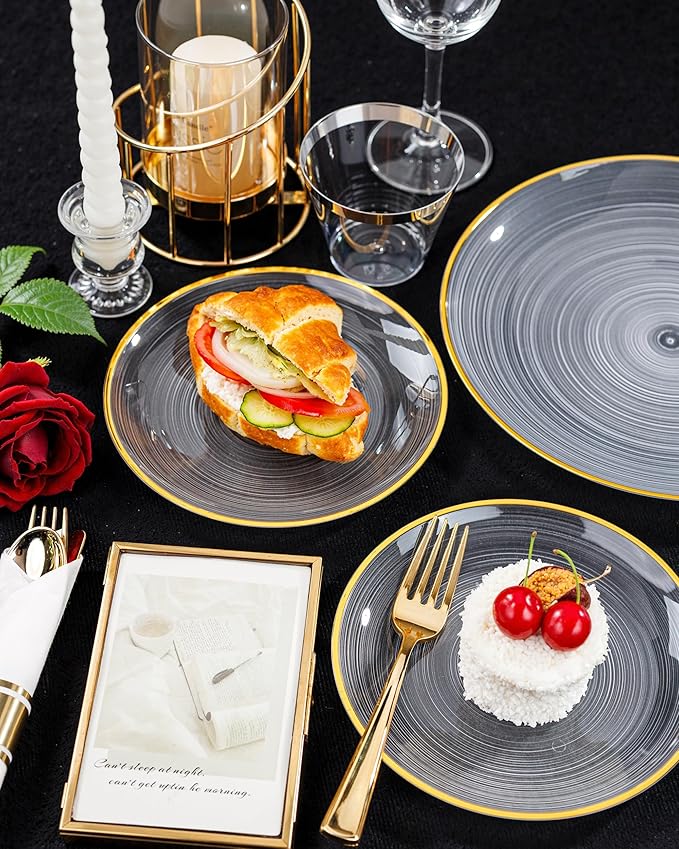 Morejoy 350PCS Clear Gold Plastic Plates - Disposable Gold Party Plates & Pre Rolled Napkins with Cutlery for 50 Guests, 100Plates, 150Silverware, 50Cups, 50Napkin for Party & Mother's Day