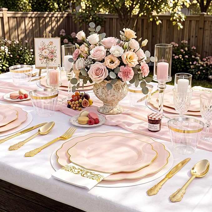 NOCCUR 175PCS Pink Plates with Gold Disposable Silverware - Include 50 Pink Plastic Plates,25 Knives,25 Forks,25 Spoons,25 Cups and 25 Napkins - Ideal for Party/Wedding/Banquet/Baby Shower