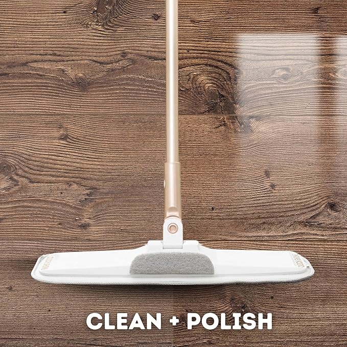Quick Shine Ultimate Gold Clean + Polish Mop Kit, 10 Pc Set w/Interchangeable Attachments | Floor Luster Included | 2-in-1 Pro Cleaning w/ Microfiber Pads for Hardwood Floors | No Batteries Needed