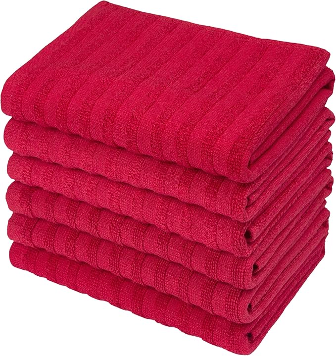 Premium Kitchen Towels (20”x 28”, 6 Pack) | Large Cotton Dish Towels 450 GSM | Highly Absorbent Terry Kitchen Linen Set with Hanging Loop | Red Solid