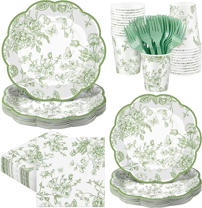 Kochorie 144 Pieces Sage Green Floral Paper Plates and Napkins Party Supplies Sage Green and White Flower Tableware Set Include Vintage Scalloped Plate Napkin Cups Forks for Wedding Birthday Tea Party