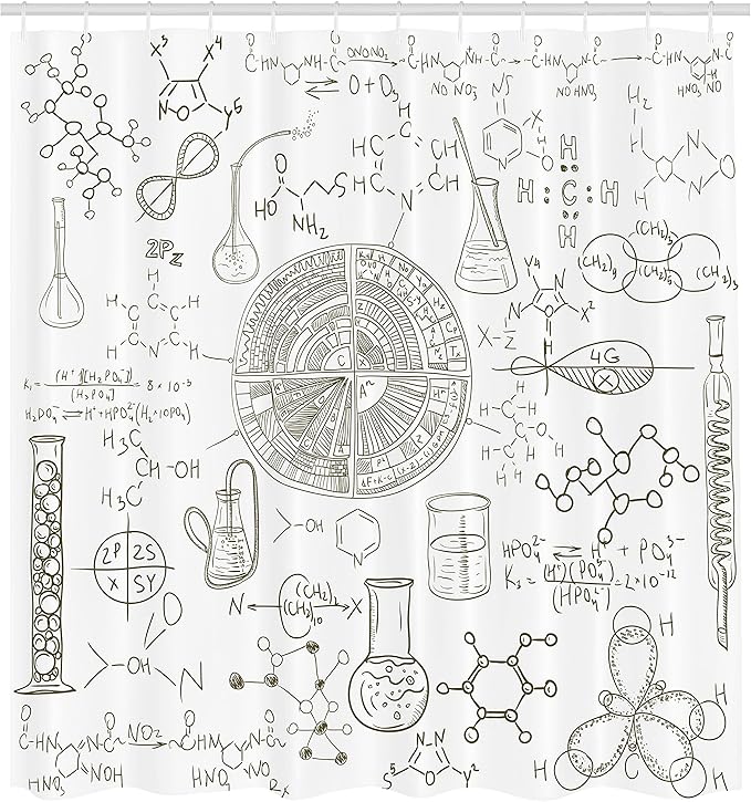 Ambesonne Science Shower Curtain, Science Theme Hand Drawn Style Chemistry Laboratory Illustration, Cloth Fabric Bathroom Decor Set with Hooks, 69" W x 75" L, White Umber