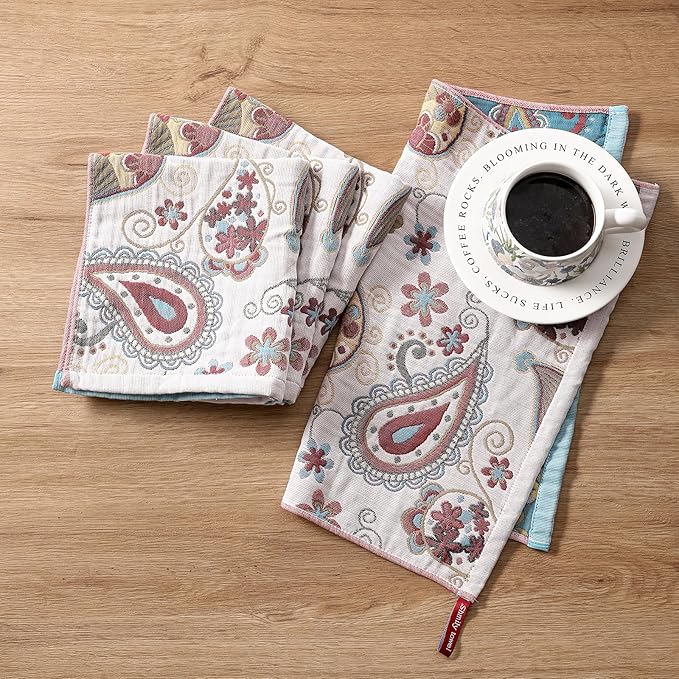 Kitchen Dish Towels for Drying 100% Cotton,Ultra Absorbent Quick Drying Thick Reusable Cleaning Decorative Tea Towels with Hanging Loop,Reversible Boho Pretty Hand Towels,4 Pack,Gift for Mom