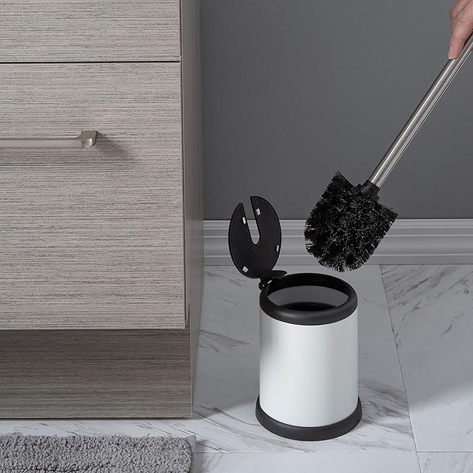 Bath Bliss Toilet Brush and Holder | Self Closing Lid | 360 Degree Brush Head | Bathroom Cleaning | Compact Size | Storage and Organization | White