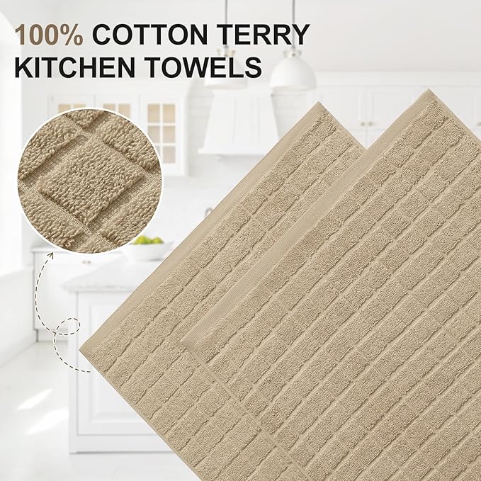Homaxy Premium Cotton Kitchen Towels 16"x 28", Large Natural Ring Spun 390 GSM Dish Towels, Super Absorbent Terry Kitchen Hand Towels, Soft Tea Towels with Hanging Loop, Pure Tan Design, 8 Pack