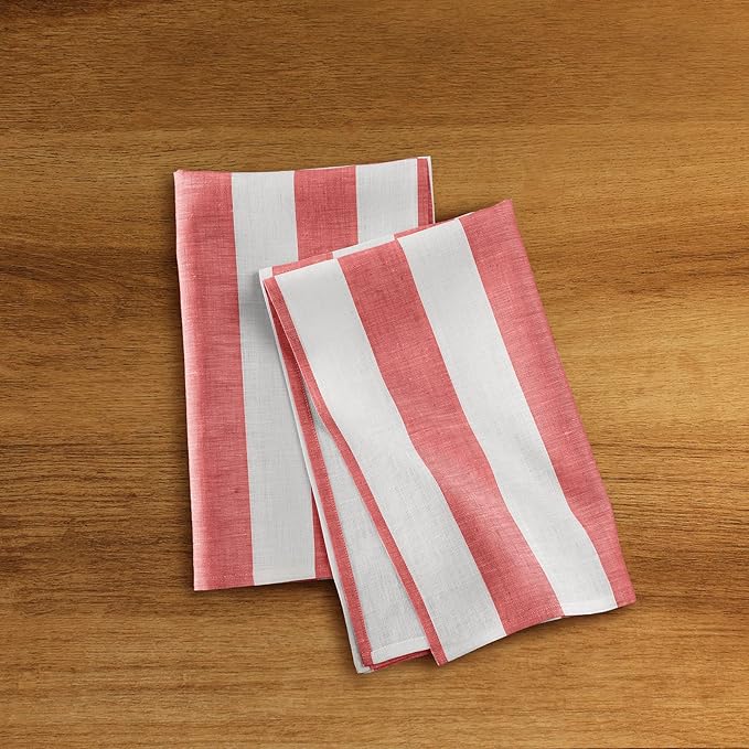 Solino Home Red and White Linen Kitchen Towels Set of 2-100% Pure Linen 17 x 26 Inch Cabana Stripe Tea Towels with Hanging Loop - European Flax Kitchen Dish Cloth - Quick Dry & Machine Washable