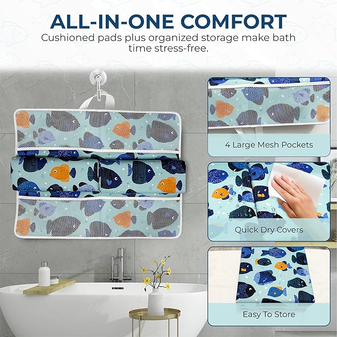 TubbieBuddies Bath Kneeler and Elbow Rest Pad Set – Fish-Themed Baby Bath Cushion with 4 Large Mesh Storage Pockets – Thick Non-Slip Foam, Suction Cups, & Foldable for Easy Storage
