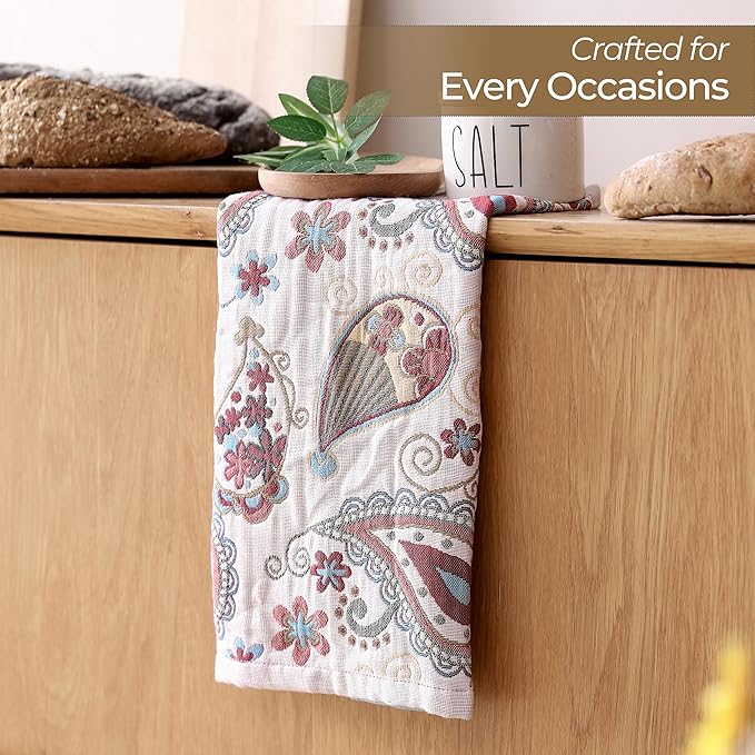 Kitchen Dish Towels for Drying 100% Cotton,Ultra Absorbent Quick Drying Thick Reusable Cleaning Decorative Tea Towels with Hanging Loop,Reversible Boho Pretty Hand Towels,4 Pack,Gift for Mom