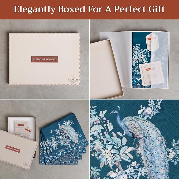 Maison d' Hermine Napkin 100% Combed Cotton Premium 20"x20" Decorative Washable Table Cloth Napkins Set of 4 for Dining, Holidays, Buffet & Wedding Use Campagne - Peacock Utopia - Deep Sea