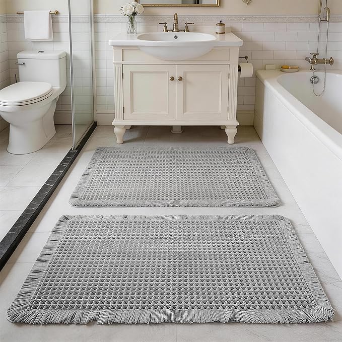 Set of 2 Waffle Bathroom Rugs, Non Slip Absorbent Waffle Knit Bath Mat for Shower Floor, Tub and Bathroom Door, Ultra Soft Quick Dry, Grey, 17"x24"+18"x30"