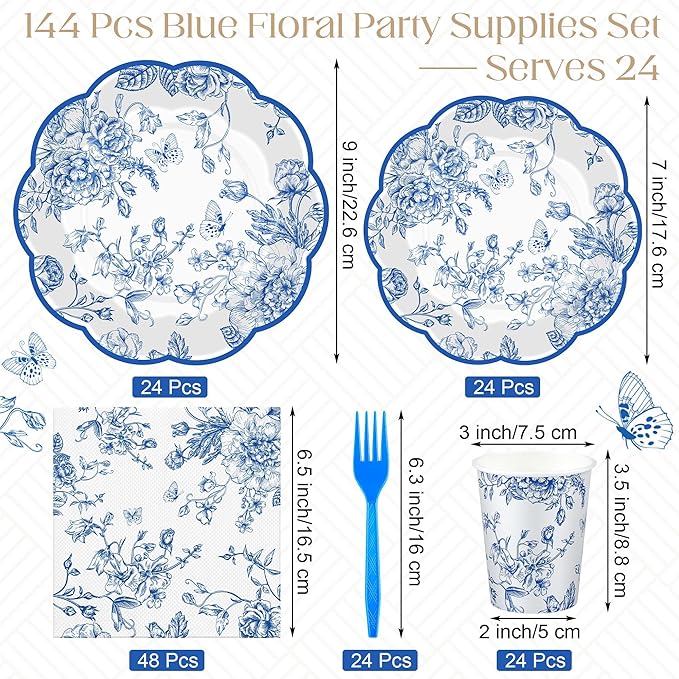 Kochorie 144 Pieces Blue Floral Paper Plates and Napkins Party Supplies, Blue and White Flower Tableware Set Include Vintage Scalloped Plates Napkins Cups Forks for Wedding Birthday Tea Party