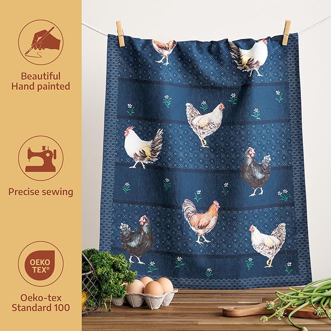 Maison d'Hermine Kitchen Towels Set of 2 100% Cotton 27.50" x 20" Reusable Cloth Tea Dish Towels Absorbent with Hanging Loop for Kitchen, Home, Dining, Cocktail Parties (Meadow Rooster)