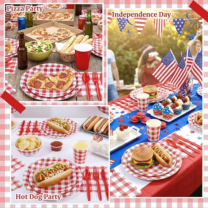 NatNarr 175 Pcs Gingham Party Supplies Include Red Gingham Plates and Napkins Cups Plastic Cutlery Disposable Picnic Party Decorations for Bbq, Pizza, Patriotic, Mothers Day