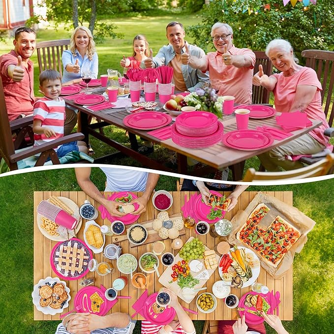 Kochorie 350 Pieces Hot Pink Dinnerware Set, 7 & 9 inch Dessert Paper Plates Cups Napkins Plastic Cutlery Disposable Party Supplies for Birthday Baby Shower Wedding, Serve 50 Guests