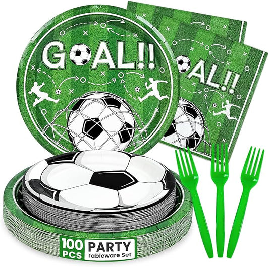 Mulbozy 100 Soccer Party Decorations, Soccer Themed Plates and Napkins Disposable Set Includes 25-9" & 25-7" Dessert Cake Plates, Napkins, Forks for for Birthday Party Supplies