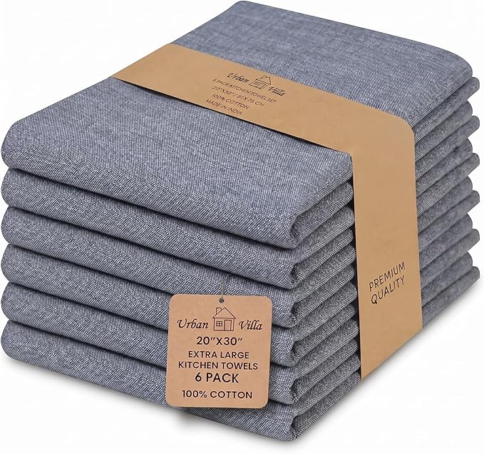Urban Villa Kitchen Towels Premium Quality 100% Cotton Solid Kitchen Towels Set of 6 Ultra Soft Size 20X30 Inches Chambray Black/White Color Kitchen Towel Highly Absorbent Kitchen Towels