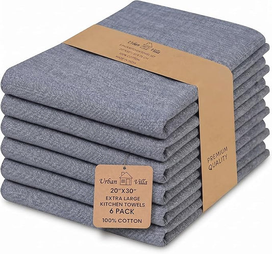 Urban Villa Kitchen Towels Premium Quality 100% Cotton Solid Kitchen Towels Set of 6 Ultra Soft Size 20X30 Inches Chambray Black/White Color Kitchen Towel Highly Absorbent Kitchen Towels