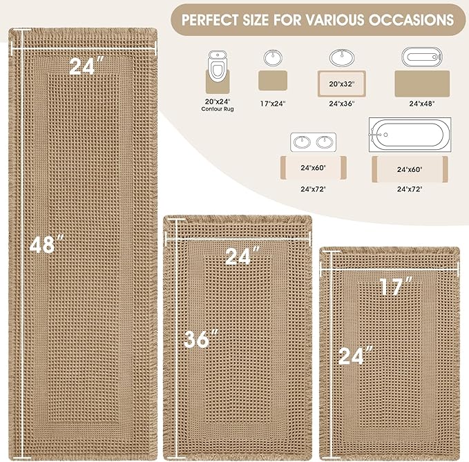 Upgraded Waffle Bath Mat Set 3 Piece Beige-Looped, Super Absorbent Non-Slip Quick Dry Bathroom Rugs with Tassels, Machine Washable Ultra Soft Boho Bath Rugs for Floor, Toilet Mats Boho Farmhouse Decor