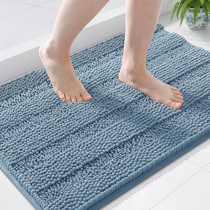 Grandaily Chenille Striped Bathroom Rugs 44x24, Extra Thick and Soft Absorbent Bath Mats, Rubber Backing, Plush Shaggy Shower Carpet, Machine Wash Dry, Bath Rug for Bathroom, Airy Blue