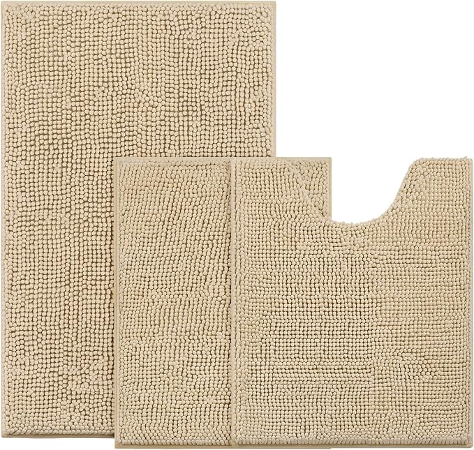 BYSURE Beige Bathroom Rugs Sets 3 Piece Non Slip Extra Absorbent Plush Chenille Soft Washable Bath Mats