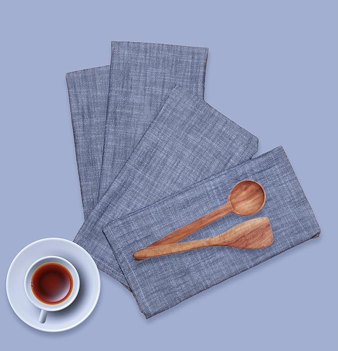 Chambray Kitchen Towels or Tea Towels with Hanging Loop |100% Cotton| 20" X 26" | Set of 4 | Super Absorbent, Quick Drying, Hand Towels for Modern Kitchen Décor | Blue
