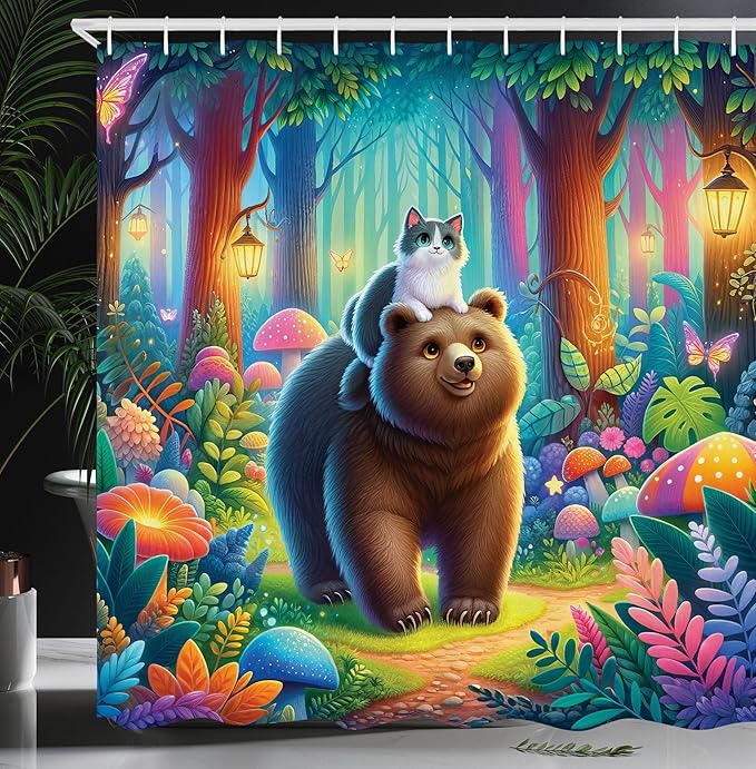 Ambesonne Funny Shower Curtain, Rave Colors of Fantasy Woodland Scenario Peaceful Cat and Bear Friends Happy, Cloth Fabric Bathroom Decor Set with Hooks, 69" W x 70" L, Caramel Multicolor