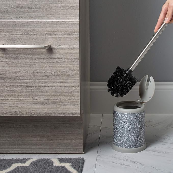 Bath Bliss Toilet Brush and Holder | Self Closing Lid | 360 Degree Brush Head | Bathroom Cleaning | Compact Size | Storage and Organization | Terrazzo grey with pink speckles