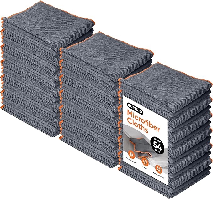 Superio Microfiber Cleaning Cloth for Cars, Kitchen Cleaning Rags for Housekeeping, 16" Micro Fiber Towels for House, Bathroom Absorbent All-Purpose Streak-Free lint-Free Wash Cloths (Grey), 54 Pack