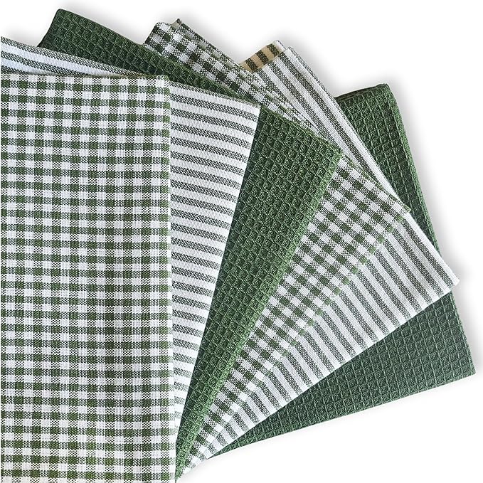 Cotton Dish Towels For Kitchen Drying - Highly Absorbent Sage Green Striped Gingham Plaid Tea Towels - 18"X28" Set Of 6 Farmhouse Linen Dishtowels In Bulk - Pano De Prato Para Cozinha - T Towles Towls