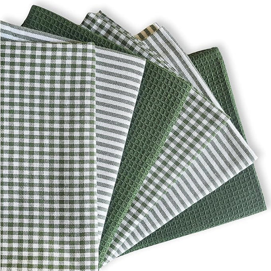Cotton Dish Towels For Kitchen Drying - Highly Absorbent Sage Green Striped Gingham Plaid Tea Towels - 18"X28" Set Of 6 Farmhouse Linen Dishtowels In Bulk - Pano De Prato Para Cozinha - T Towles Towls