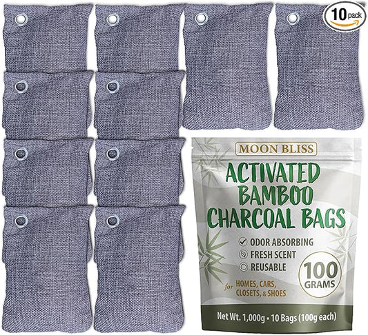 100g Bamboo Charcoal Bags (Pack of 10 Bags) - Activated Charcoal Odor Absorber - Reusable Bags for Homes, Cars, Closets, & Shoe Odor - Absorbs Odors & Moisture - Organic Sustainable Room Air Freshener