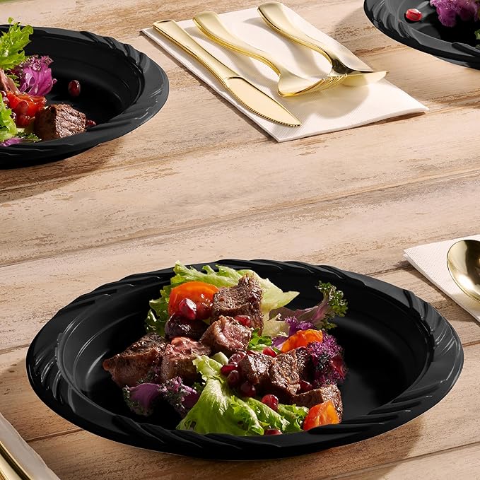 Munfix 100 Pack Black Plastic Dinner Plates, 9 Inch Disposable Plates Bulk Pack, Party Plates for BBQ, Picnic, Parties, Travel and Events, Microwavable Recyclable