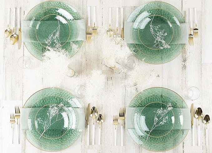 PLASTICPRO 30 Pack Hammered Plastic Plates Heavyweight Disposable Plastic Plates Elegant Clear Hammered Rim Platsic Party Dishes (Hamered Green With Gold Rim, 9'' INCH PLATES)