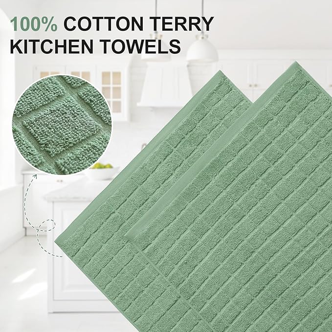 Homaxy Premium Cotton Kitchen Towels 16"x 28", Large Natural Ring Spun 390 GSM Dish Towels, Super Absorbent Terry Kitchen Hand Towels, Soft Tea Towels with Hanging Loop, Pure Grass Green, 4 Pack